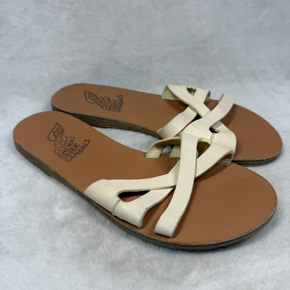 Ancient Greek Sandals Clio Off White Leather Flat Slide Sandals Womens 37 Greece